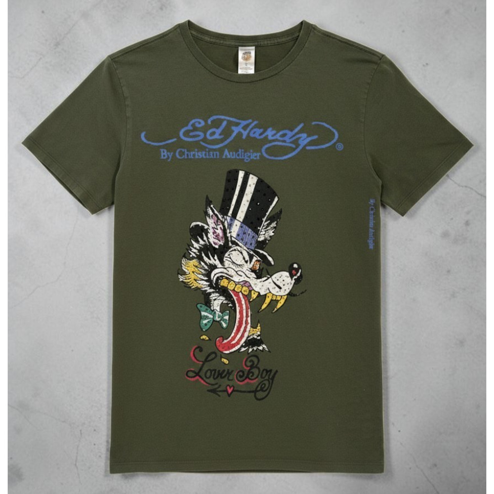 Ed Hardy Lover Boy Wolf Rhinestone Tee Men's Small Olive Graphic Shirt
